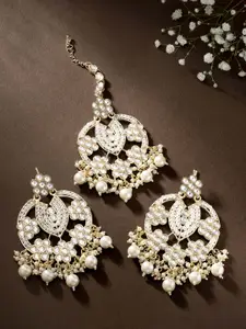 Peora White Gold-Plated Kundan Faux Pearl Studded Earrings & Maang Tikka Jewellery Set