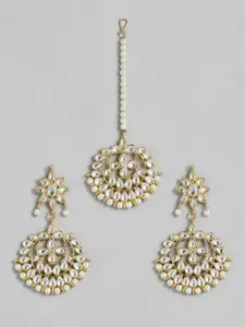 Peora White Gold-Plated Kundan Faux Pearl Studded Earrings & Maang Tikka Jewellery Set