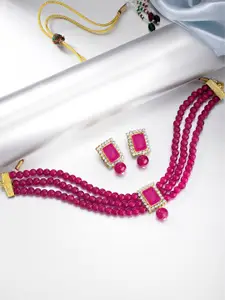 Peora Magenta Beaded & Stone Studded Choker Necklace & Earrings Jewellery Set