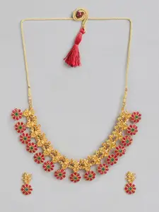 Peora Red Gold Plated Lord Ganesh Motif Flower Temple Necklace Jewellery Set