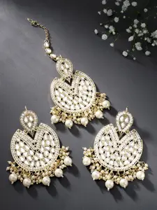 Peora White Gold-Plated Kundan Faux Pearl Studded Earrings & Maang Tikka Jewellery Set