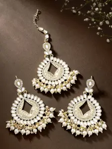 Peora White Gold-Plated Kundan Faux Pearl Studded Earrings & Maang Tikka Jewellery Set