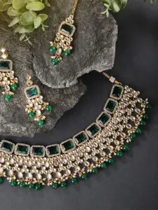 Peora Gold-Plated & Green Crystal Studded Necklace Set