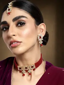 Peora Gold-Plated & Maroon Kundan Studded Necklace Set