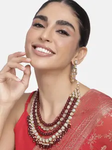 Peora Women Maroon Gold-Plated Kundan Studded Necklace & Earrings