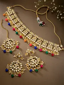Peora Blue & Red Gold-Plated Traditional Kundan Beads Choker Necklace Jewellery Set