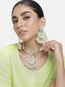 Peora Gold-Plated & Sea Green Kundan Studded Necklace Set