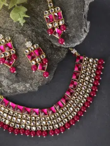 Peora Women Pink Gold-Plated Choker Necklace, Earrings & Maang Tika