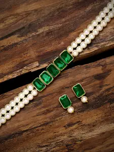 Peora Gold-Plated & Green Crystal Studded Necklace Set