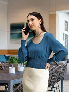 U.S. Polo Assn. Women U S Polo Assn Women Blue Solid Smocked Detail Blouson Top