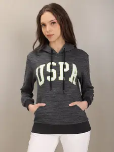 U.S. Polo Assn. Women Charcoal Grey Printed Hooded Sweatshirt