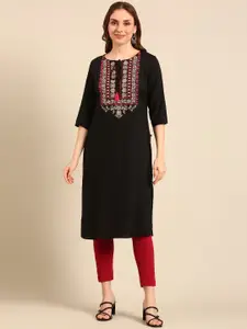 Anouk Black Floral Embroidered Tie Up Neck Pure Cotton Straight Kurta