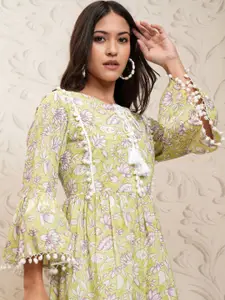 Vishudh Floral Printed Cotton Flared Sleeve Empire Dress