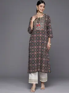 Varanga Ethnic Motifs Printed Tie Up Neck Gotta Patti Cotton Straight Kurta