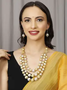 VIVAZS Brass Gold And Silver Plated Off White Multi Beaded Layered Necklace