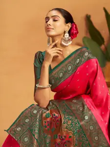 Kalini Silk Blend Woven Paithani Saree with Blouse Piece