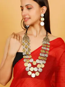 VIVAZS Oxidised Silver & Gold Dual-Plated Multilayer Coin Statement Necklace Set