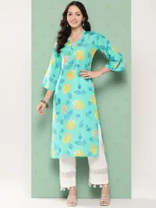Varanga Floral Printed V Neck Cotton Straight Kurta