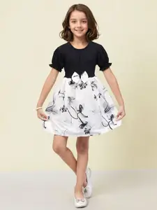 Toonyport Girls Printed Puff Sleeves Bow Details Net Fit & Flare Dress