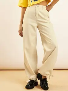 SASSAFRAS Women High-Rise Cotton Cuffed Hem Jogger Jeans