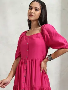 Vishudh Puff Sleeves Fit & Flare Tiered Dress