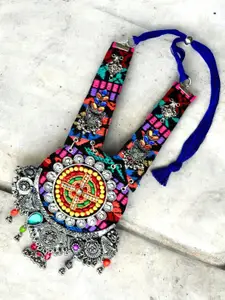 VIVAZS German Silver Plated Stones Studded & Beaded Oxidised Statement Necklace