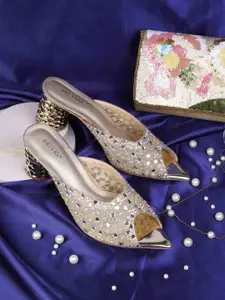 Metro Women Pointed Toe Block Heels Mules With Western - Embellished