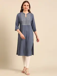 Anouk Grey Floral Yoke Designed Mandarin Collar Thread Work Pure Cotton Straight Kurta