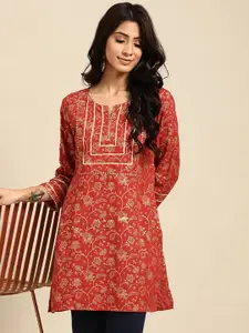 Anouk Women Floral Printed Round Neck With Notch Short Kurti