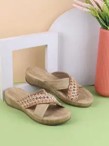 Mochi Women Woven Design Open Toe Flats