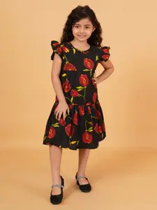 Creative Kids Floral Print Flutter Sleeve Drop-Waist Midi Dress