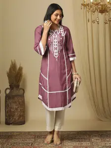 Globus Embroidered Round Neck Bell Sleeves lace detail Apple Cut Hem A-Line Fusion Kurta