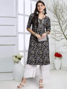 7Threads Women Geometric Printed Keyhole Neck Sequinned Floral Crepe Kurta