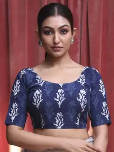 Indethnic Printed U-Neck Short Sleeves Cotton Saree Blouse