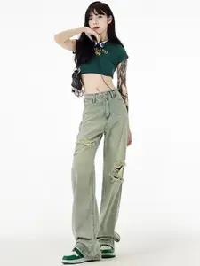 LULU & SKY Women Wide Leg Mildly Distressed Jeans