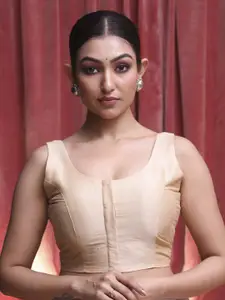 Indethnic  Round Neck Raw Silk Sleeveless Saree Blouse