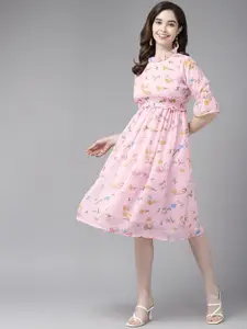 BAESD Floral Print Keyhole Neck Flared Sleeve Georgette A-Line Midi Dress