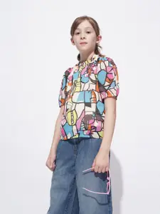 Vero Moda Girls Abstract Printed Mandarin Collar Top