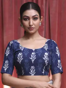 Indethnic Printed Cotton U Neck Short Sleeves Saree Blouse