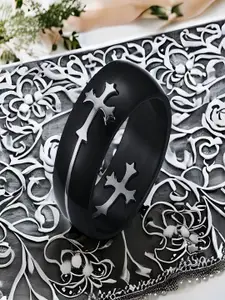 UNIVERSITY TRENDZ Men Silver-Plated Stainless Steel Christian Cross Band Ring