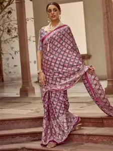 Saree mall Ethnic Motifs Poly Crepe Block Print Sarees