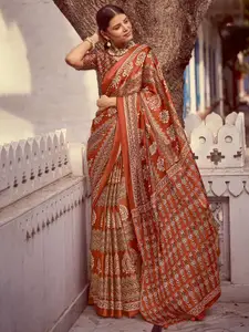 Saree mall modal Ajrak Block Poly Crepe Block Print SareesWith Blouse Piece