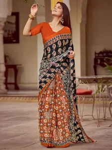 Saree mall modal Ajrak Block Poly Crepe Designer Block Print SareesWith Blouse Piece