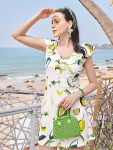 PURVAJA Women Floral Printed Flutter Sleeve A-Line Dress