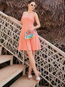 PURVAJA Peach Animal Print Sleeveless Fit & Flare Dress