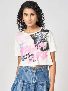 People Women Typography Printed Round Neck Cotton Boxy T-Shirt