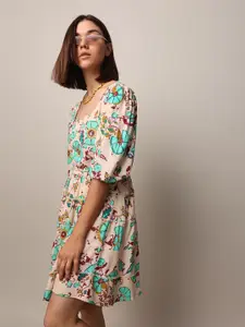 ONLY rayon Floral Print Square Neck Tie-Ups Fit & Flare Dress