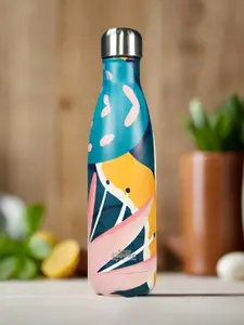 Smily Kiddos Blue & Yellow Stainless Steel Abstract Double Wall Vacuum Water Bottle 500ml