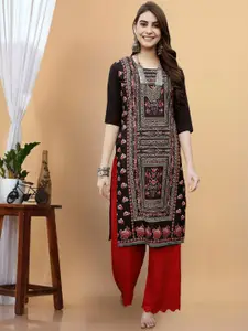 7Threads Women Geometric Printed Mirror Work Floral Crepe Kurta