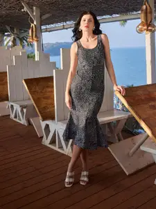 PURVAJA Round Neck Printed A-Line Dress